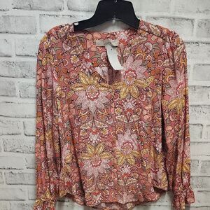 LOFT Pink Relaxed Graphic Blouse with Mandarin Collar
